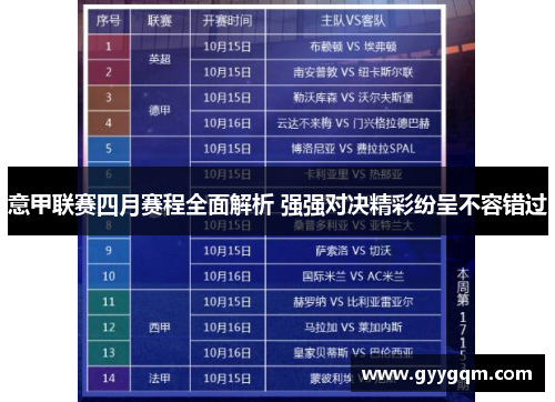 意甲联赛四月赛程全面解析 强强对决精彩纷呈不容错过