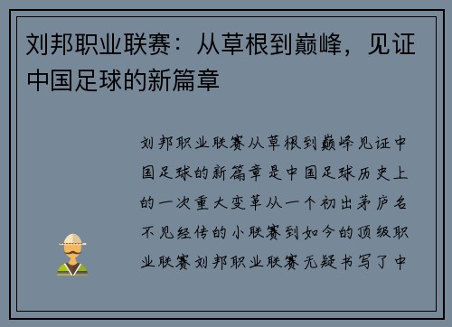 刘邦职业联赛：从草根到巅峰，见证中国足球的新篇章