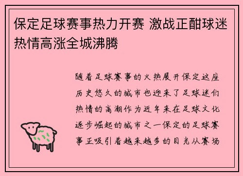 保定足球赛事热力开赛 激战正酣球迷热情高涨全城沸腾