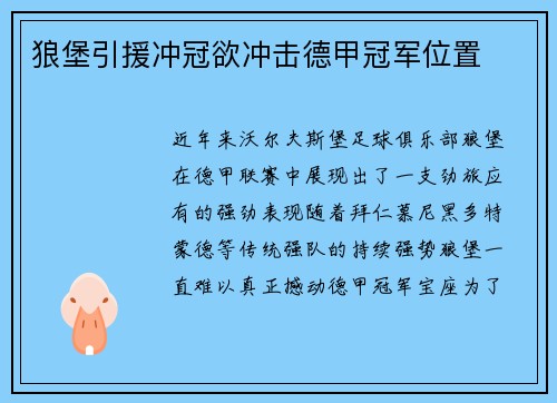 狼堡引援冲冠欲冲击德甲冠军位置