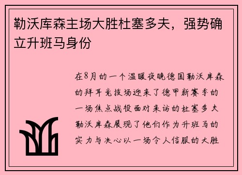 勒沃库森主场大胜杜塞多夫，强势确立升班马身份
